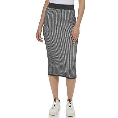 DKNY Jeans Women's Ribbed Pull-On Close-Fitting Midi Skirt (Black/White, Large)