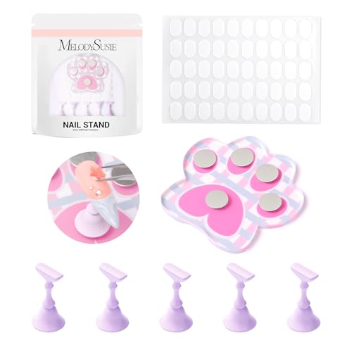 Image of MelodySusie Update Nail Stand for Press Ons, Cute Cat Claw Magnetic Base for Painting Display Holder with Reusable Double-Sided Tape for Home DIY Salon Supplies, Rose Pink