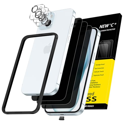 NEWC 3 x Sichtschutz für iPhone 15 für Panzerglas (6 1 Zoll) und 3 x Kamera Panzer Schutz Glas Kameraschutz-Einfaches Installationswerkzeug enthalten+ Staubschutzstöpsel-Verbesserter 28-Grad