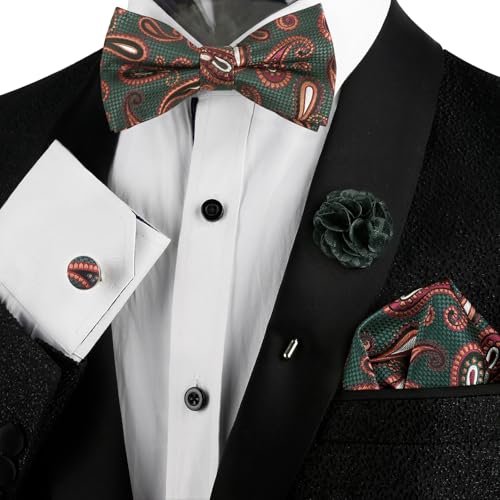 Image of Alizeal Mens 4pcs Vintage Paisley Bow Tie Set | Pre-tied Pocket Square Cufflinks Boutonniere for Wedding Everyday Use