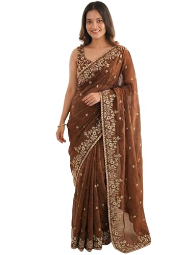 Image of ORHANS Women's Tissue Silk Ethnic Motifs Embroidered Tissue Heavy Work Saree with Embroidered With Unstitched Blouse Piece Blouse Piece | Beautiful Saree for Women | Traditional Indian Sari