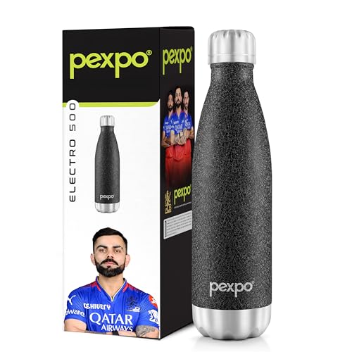 PEXPO Electro Hot & Cold ISI Certified | Stainless Steel Water Bottle - 500ml Black | 2 Years Warranty | Office Bottle | Workout | Travelling | Home | Limited RCB Edition