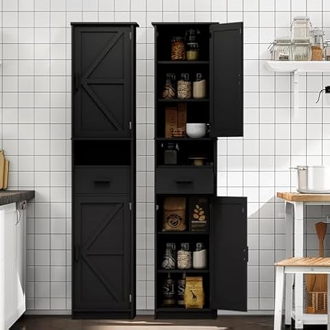 MIRROTOWEL 69“ Tall Bathroom Cabinet Features 2 Doors, 1 Open Shelf Drawer, and 1 Closed Drawer, 2 Adjustable Shelves. Suitable for Bathrooms, Living Rooms, or Kitchens (Black) Cover