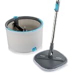 Minky Opti-Clean Spin Mop, 360° Spin & Rinse & Wringing System, Reusable Powerful Microfibre Velcro Pad, Dual Cavity 2L Bucket with Sturdy Handle, Light Grey Bucket with Dark Grey Trim & Blue Accents