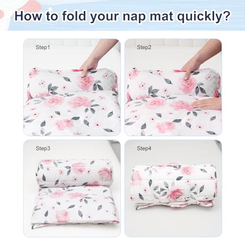 Image of PHF Soft Toddler Nap Mat with Removable Pillow, Rollup Design Kids Sleeping Mat, Slumber Bags for Girls, 50 inchx20 inch Toddler Sleeping Bag for Daycare Preschool Travel Camping, Pink Floral
