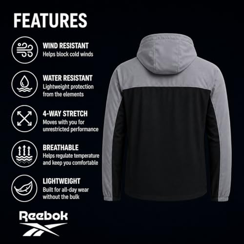 Image of Reebok Mens Softshell Jacket - Lightweight Fleece Mens Jacket with Hood - Weather Resistant Zip Up Windbreaker Coats for Men