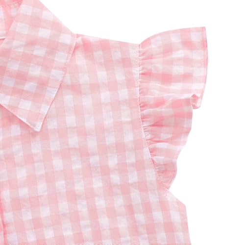 Image of Girls Sleeveless Plaid Button Down Shirt Summer Crop Tops Tie Knot Ruffle Sleeve Shirt Blouse 3-12Y