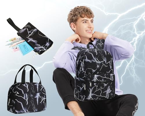 School Backpack Set For Girls Boys College Bookbag Laptop Backpacks 3PCS Kids Elementary Middle Schoolbag With Lunch Bag Casual Travel Daypack For Teens Students Women Men-Lightning Black2