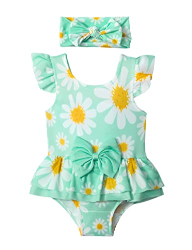 Image of TyeSmo Baby Swimsuit Girl, Infant Baby Girl Bathing Suits Ruffle Sleeveless One Piece Baby Girls' Swimwear with Headband Daisy Print 0-3 Month Swimsuit for Girls