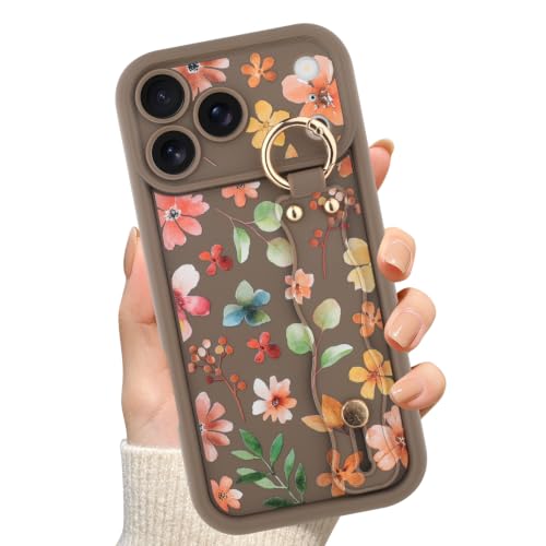 OOK for iPhone 18 Pro Case with Wrist Strap, Brown Retro Floral