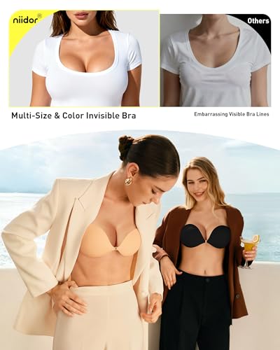 Niidor Adhesive Bra Strapless Sticky Invisible Push up Silicone Bra for Backless Dress with Nipple Covers Nude(B Cup)