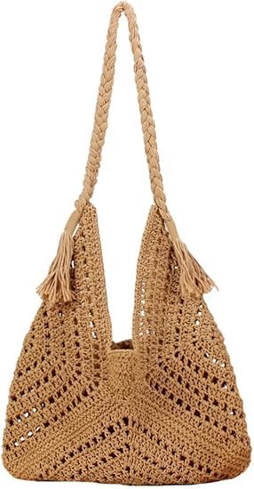 Bolso de paja boho grande tejido para mujer miniatura 1