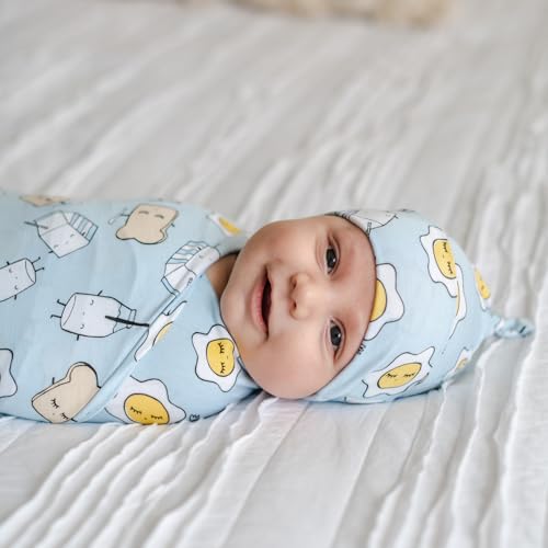 Image of Little Sleepies Swaddle & Hat Set, Baby Swaddles Newborns, Soft Viscose from Bamboo Swaddle Blanket Wrap (Blue Breakfast Buddies)
