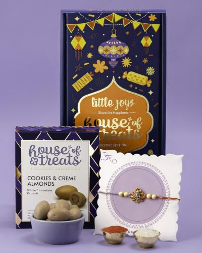 Image of HyperFoods Rakhi with chocolate for brother Chocolate gift hamper Rakhi gift for brother Chocolates gift box Chocolates box Cookies & Creme Almonds Dragees 90g