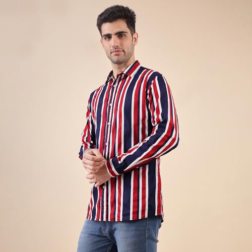Image of Urban Scottish Men's Regular Fit Cotton Printed Shirt, Long Sleeve Button Down Collared, Soft Breathable Fabric, Stylish Everyday Wear Casual Shirt for Mens - Red & Navy