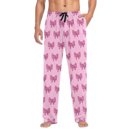 Men's Cute Pink Bows Pajama Pants with Pockets - Straight Fit Cotton Sleep Bottoms for Lounge & Nightwear#574