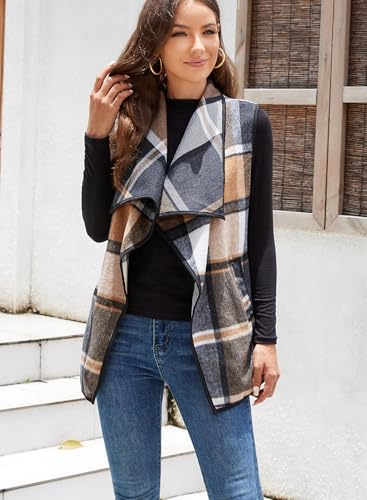 Image of YACUN Women Plaid Vest Lapel Open Front Sleeveless Cardigan