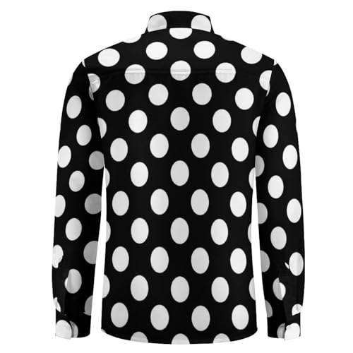 Black White Polka Dots Print Mens Long Sleeve Button Down Shirts, Casual Men's Button Up Shirt with Pocket4