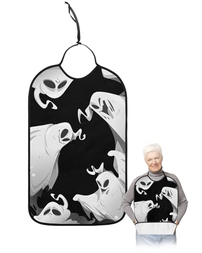 Jolunifun Halloween Ghost Adult Bib for Adults Men, Women, Washable & Adjustable Terry Cloth Bib with Crumb Catcher Reusable Waterproof Clothing Clothes Protector Apron Black White Horror Watercolor