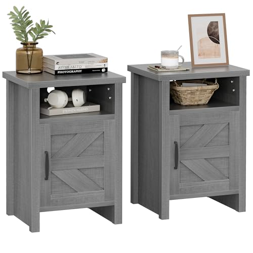 YESHOMY Farmhouse Modern Nightstand with Shelf and Barn Door, Set of 2 for Bedroom, Gray