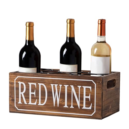 Sintosin Farmhouse Small Wooden Wine Racks Countertop 16 X 9 Inch, Burning Finished Wooden Crates for Display Kitchen, Rustic Red Wine Bottle Holder Decorative (6 Metal Racks, Each Compartment 3.7