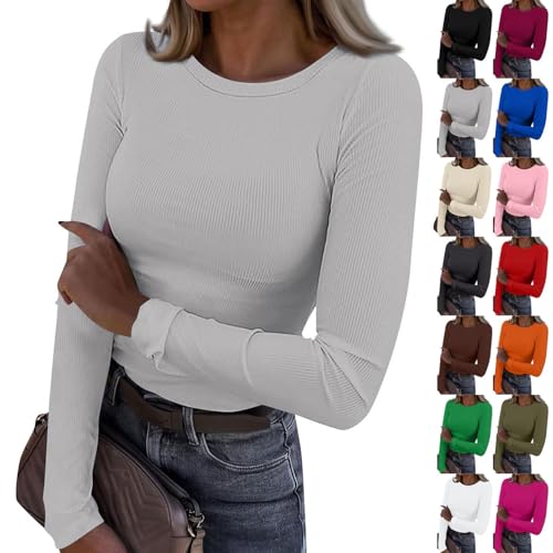 MESSIYO Long Sleeve Shirts for Women Ribbed Fitted Tops Grey - image 1