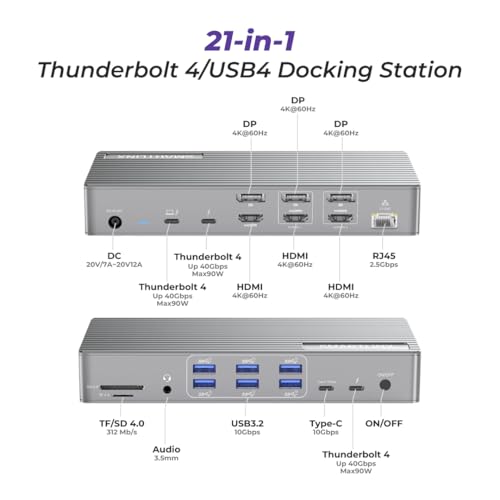Image of Thunderbolt 4 MacBook Docking Station, 21-in-1 DisplayLink, 150W Charging | Compatible with Windows and ChromeOS, Up to 5 external monitor support, 40Gbps transfer, Up to 8K or multiple 4K video output