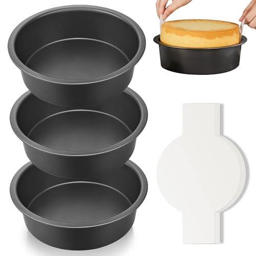 HONGBAKE 8 Inch Round Cake Pan Set for Baking with 100 Pieces Parchment Paper, Nonstick Deeper Circle Cake Pans with Wider Grips, 3 Pieces Layer Cake Tin, Cheesecake Mold, Huty Duty - Grey