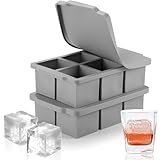 Nax Caki Large Ice Cube Tray with Lid Pack of 2, Stackable Big Silicone Square Ice Cube Mold for Whiskey Cocktails Bourbon Soups Frozen Treats, BPA Free