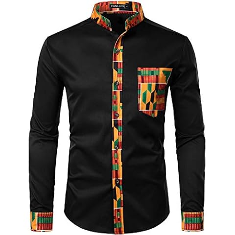 PARKLEES Men's African Dashiki Tribal Graphic Patchwork Long Sleeve Printed Grandad Collar Shirt PZZCL46 Black L Cover