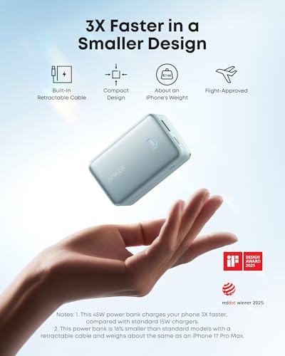 Image of Anker Nano External Battery 10000mAh with Retractable InstaCord Cable 70cm, Compact Power Bank 45W Max Power Bank, Smart Display, for iPhone 16 Pro Max, iPad, Galaxy, Pixel