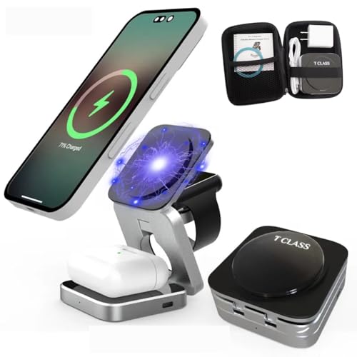 T CLASS Wireless 3 in 1 Magnetic Charging Station, Portable, Foldable, Fast Charge, Travel | Black and Silver Mobile Phone Holder | with Extra Magnetic Ring | New Anti-Slip Earbud Base Charger