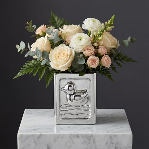 Image of Duck Trash Can, Ceramic Waste Basket Modern Small Garbage Can for Kitchen, Bathroom, Bedroom, Office, Storage Bin with Embossed Duck Decor (Silver-7L /1.85Gallon)