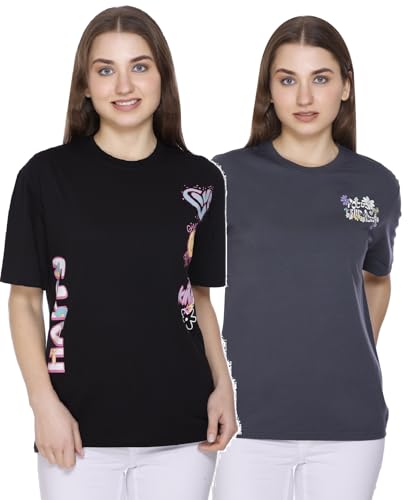 Image of Women Printed Drop-Shoulder Sleeves Oversized Pure Cotton T-Shirt (Combo of 2) |XS-XL Size