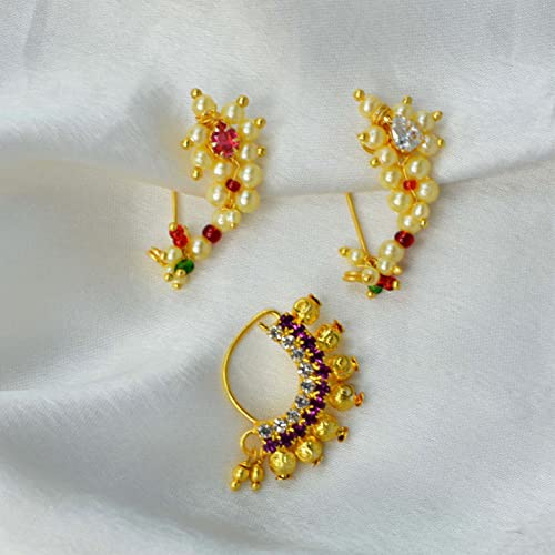 Image of Medium Size Traditional Maharashtrian Banu Nath Nose ring without piercing Pearl Gold Plated Nath Combo Clip On Nose Ring For Women