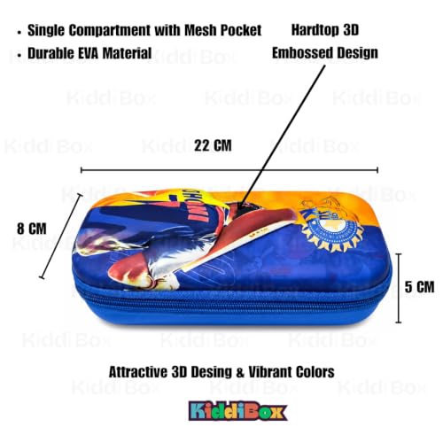 Image of KiddiBox Dhoni Pencil Box for Girls and Boys | Stylish Pencil Case for School, Student, Pen Case Holder with Zipper Mesh Pocket, Hard Top Pencil Pouch for Kids, Stationary Pouch (Yellow & Blue)