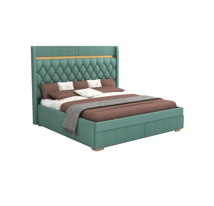 Image of MAMTA DECORATION Solid Wood King Size Bed with Box Storage | Premium Velvet Upholstered Tufted Headboard Palang Cot Bed | Modern Wooden Double Bed for Bedroom, Home, Hotel & Guest Room | Greendust