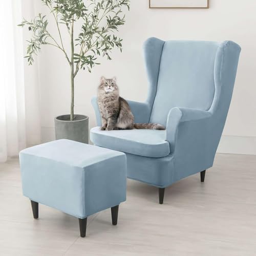 Fundas de terciopelo elásticas para sillón orejero con taburete rectangular 2