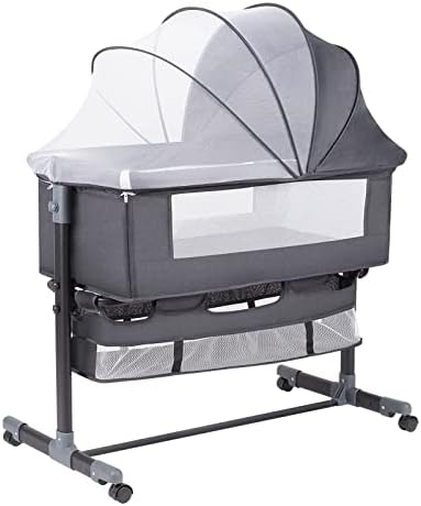 GoFirst Bedside Bassinet for Baby, Bedside Sleeper with Wheels, Heigt Adjustable, with Mosquito Nets, Large Storage Bag, for Infant/Baby/Newborn (Grey)…
