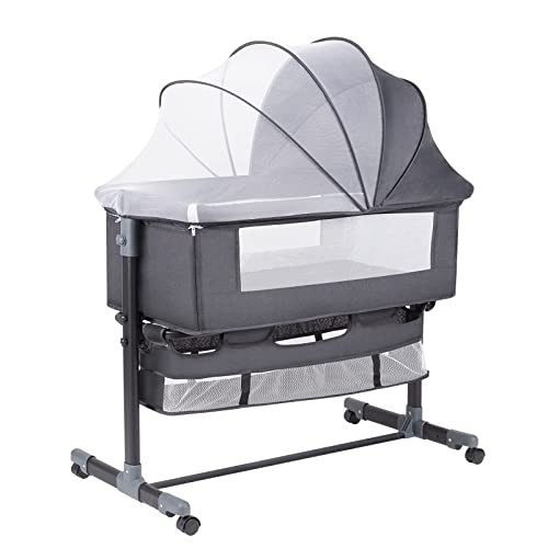 Image of GoFirst Bedside Bassinet for Baby, Bedside Sleeper with Wheels, Heigt Adjustable, with Mosquito Nets, Large Storage Bag, for Infant/Baby/Newborn (Grey)