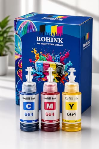 Image of ROHINK EP T664 Compatible Refill Ink for Epson L130, L360, L380, L361, L565, L210, L220, L310, L350, L355, L365, L385, L550, L555, L605, L1300 Printer - 70ml x 3CYM (Color Combo Pack 3)