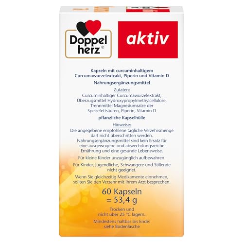 Doppelherz Curcuma 750 mit Curcumin + Vitamin D3 1000 I.E. – Vitamin D unterstützt die normale Funktion des Immunsystems – 60 Kapseln
