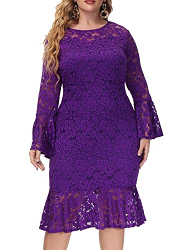 Women s Crew Neck Bell Sleeve Mermaid Dress Plus Size Evening Prom Dress 16W Purple