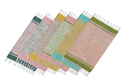 Image of MDZ Hand Woven Cotton Modern Assorted Border Rug | Size: 16 inchx24 inch Inch or 40x60 cm | Color: Assorted Multi | Machine Washable | Eco Friendly | Multi Uses (Combo of 6 Pcs.)