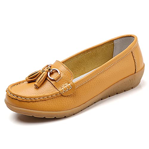 Image of Women Loafers Leather Rubber Sole Slip On Walking Flats Casual Moccasin Boat Shoes