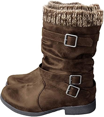 Womens Mid Calf Winter Low Block Heel Slouchy Faux Leather Riding Booties with Buckle