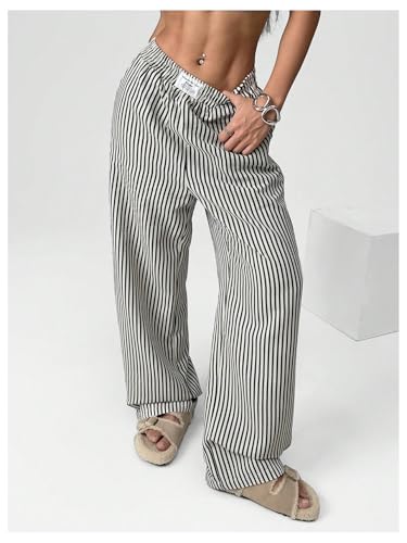 Women's Striped Wide Leg Pants Elastic Waist Letter Patched Long Trousers with Pockets4