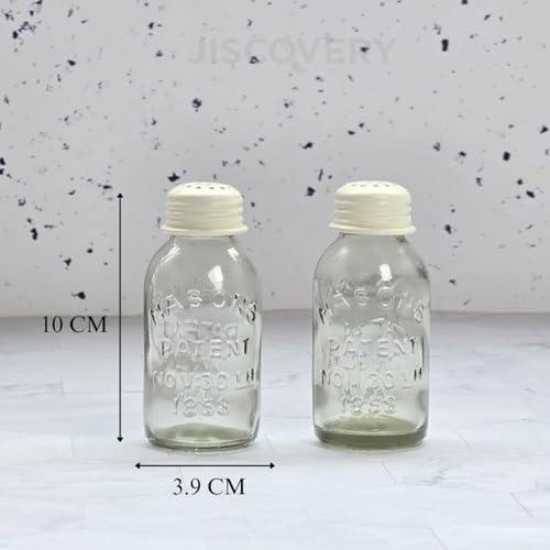 Image of JISCOVERY Salt and Pepper Dispenser Set for Dinning Table with Stand| Glass Bottom Spice Shaker Set with Metal Holder| Spice Sprinklers| 100 ML Each (White)