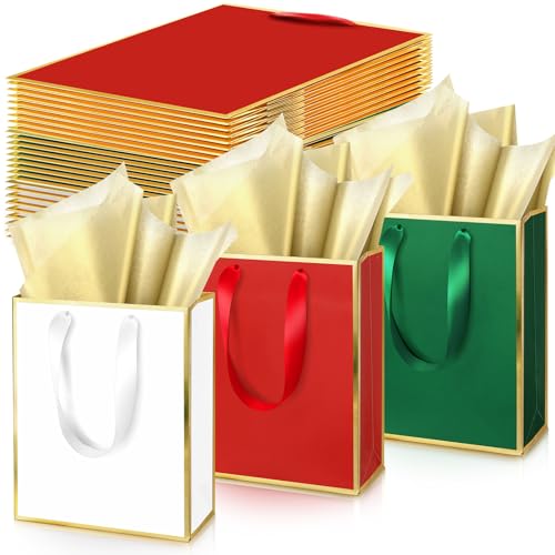 Image of Yeaqee 24 Pack Metallic Paper Gift Bags, Red, Green, White