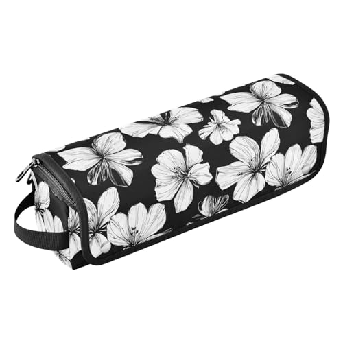 Bolso compacto de viaje para estilista de cabello Hibiscus Black White para plancha alisadora, rizadora, secadora y accesorios de peinado para mujer con tapete resistente al calor y diseño 2 en 1